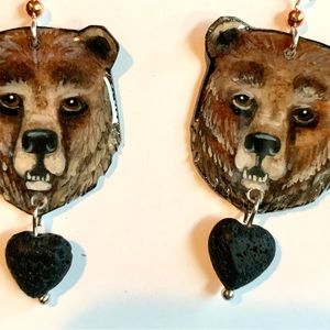 Handpainted, grizzly, bear, earrings, brown bears wildlife jewelry one of a kind